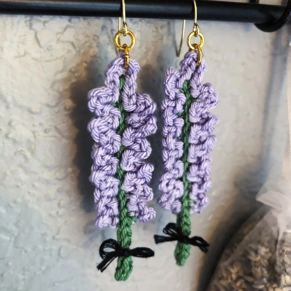 Lavender Flower Floral Earrings Crocheted with a Bow! - Picture 4 of 8